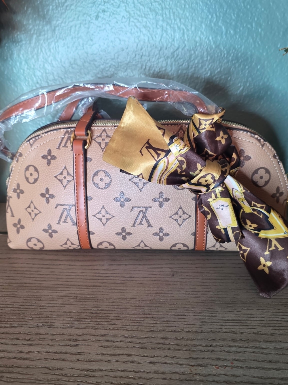 Luxury-Inspired Tan Monogram Dome Handbag with Accent Scarf